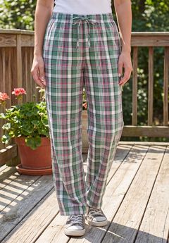 Seersucker Pull-on Elastic-Waist Pants