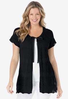 Tie-Neck Pointelle Cardigan Sweater
