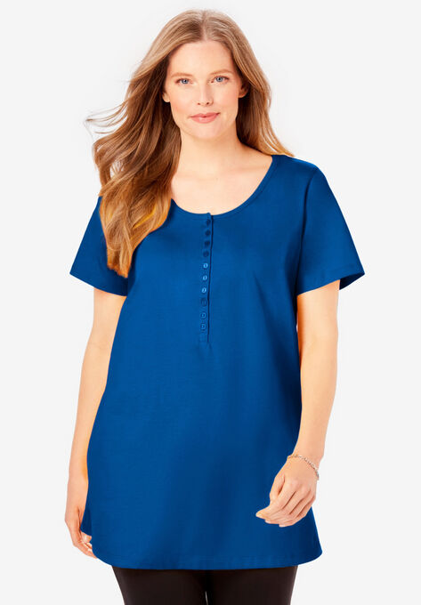 Perfect Short-Sleeve Scoop-Neck Henley Tunic, BRIGHT COBALT, hi-res image number null