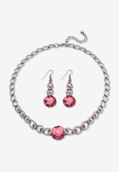 Silver Tone Collar Necklace and Earring Set, Simulated Birthstone