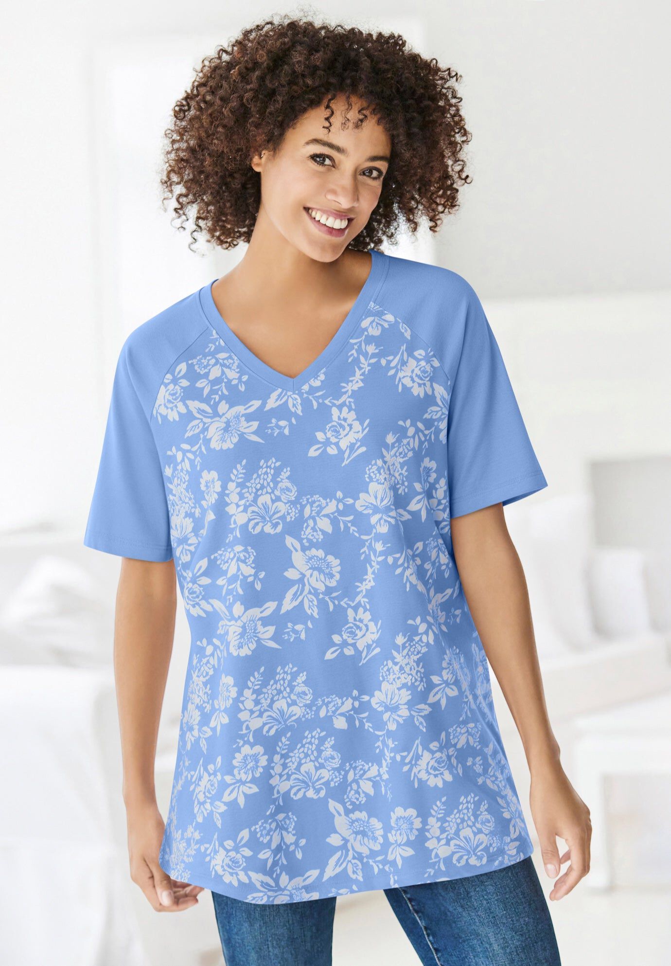 Elbow Sleeve V-Neck Baseball Tee, FRENCH BLUE ROSETTE, hi-res image number 0