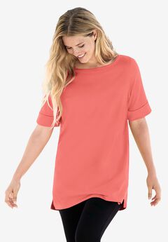 Perfect Cuffed Elbow-Sleeve Boat-Neck Tee