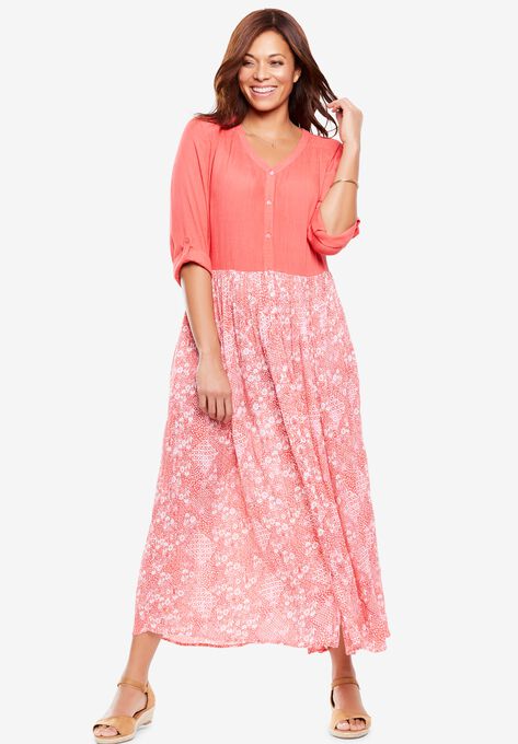 Roll Cuff Button Front Crinkle Dress Plus Size Casual Dresses