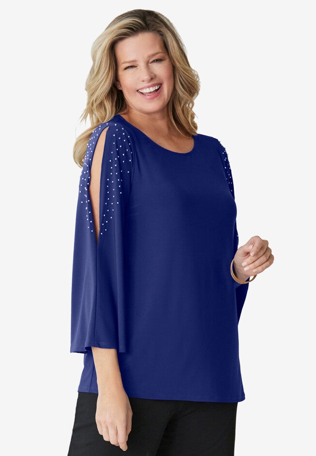 Beaded Cold Shoulder Top, SAPPHIRE, hi-res image number 0