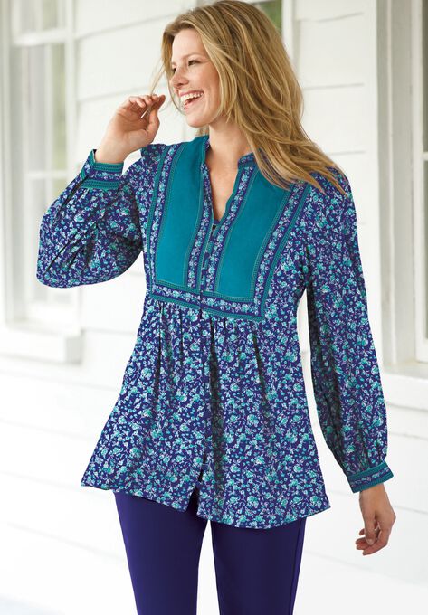 Button-Front Mixed Print Tunic, , alternate image number null