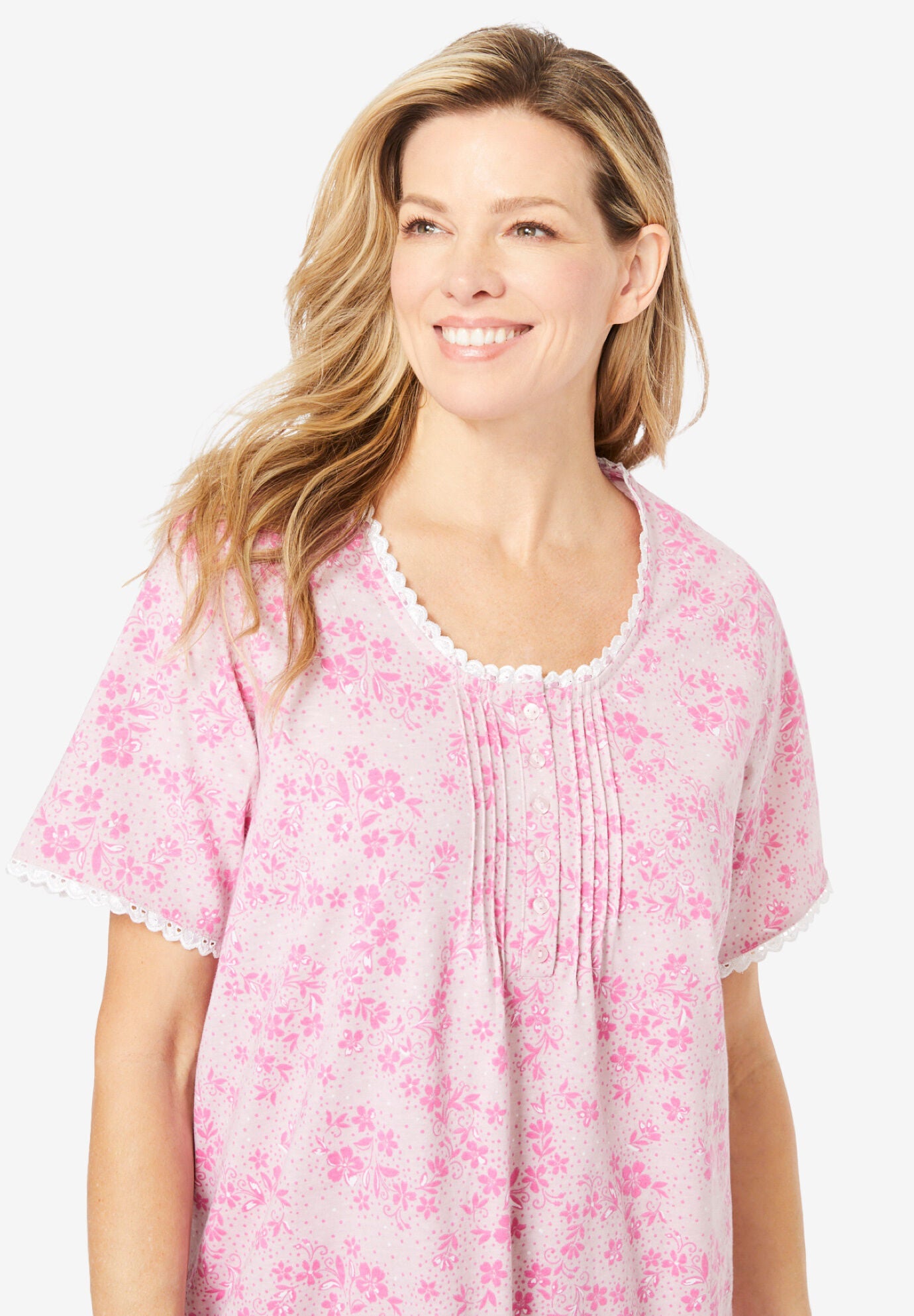 Plus Size 2Piece Pintuck Pajama Set, Pink Dancing Floral Woman Within