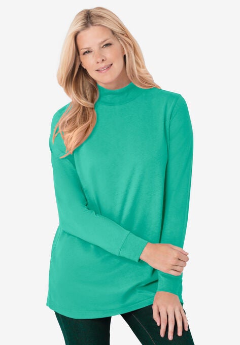 Perfect Long-Sleeve Mock-Neck Tee, PRETTY JADE, hi-res image number null