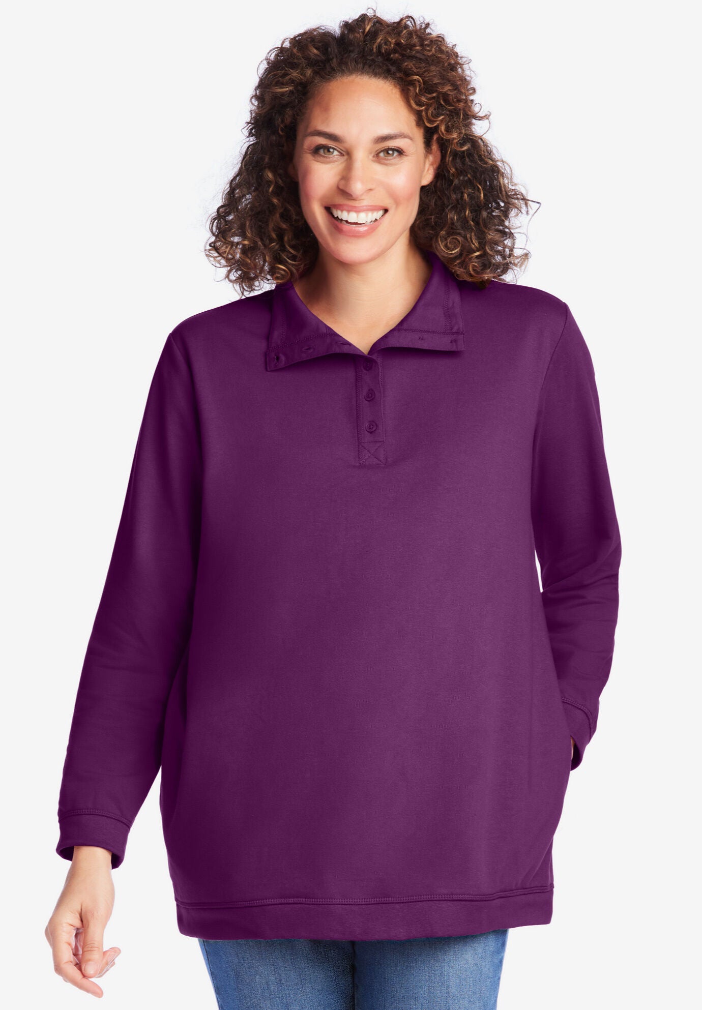 Henley Sweatshirt with Button Placket Rib Trim, Medium Heather Grey