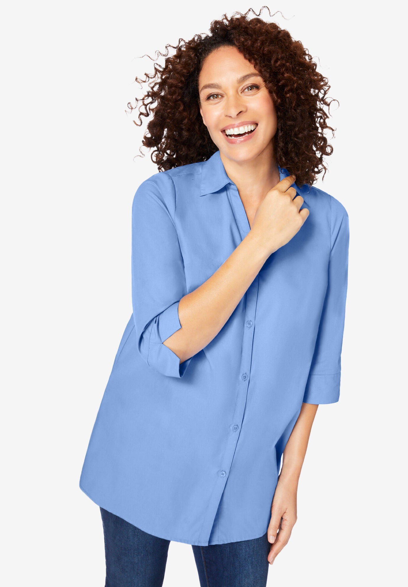Perfect Three-Quarter Sleeve Back Pleat Shirt, FRENCH BLUE, alternate image number 3