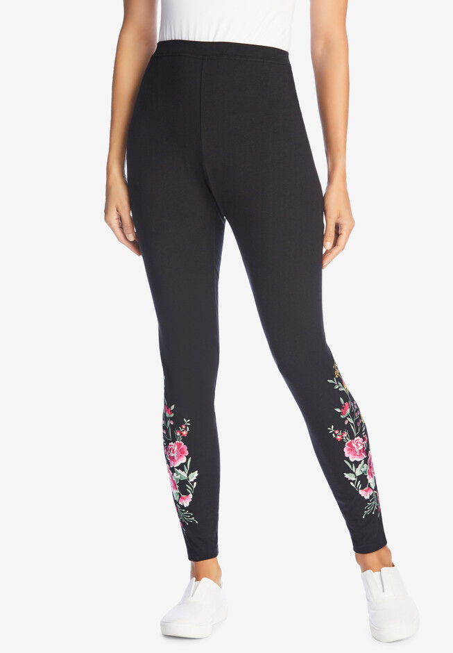 Embroidered Flower Applique Wide Waistband Leggings - Latest