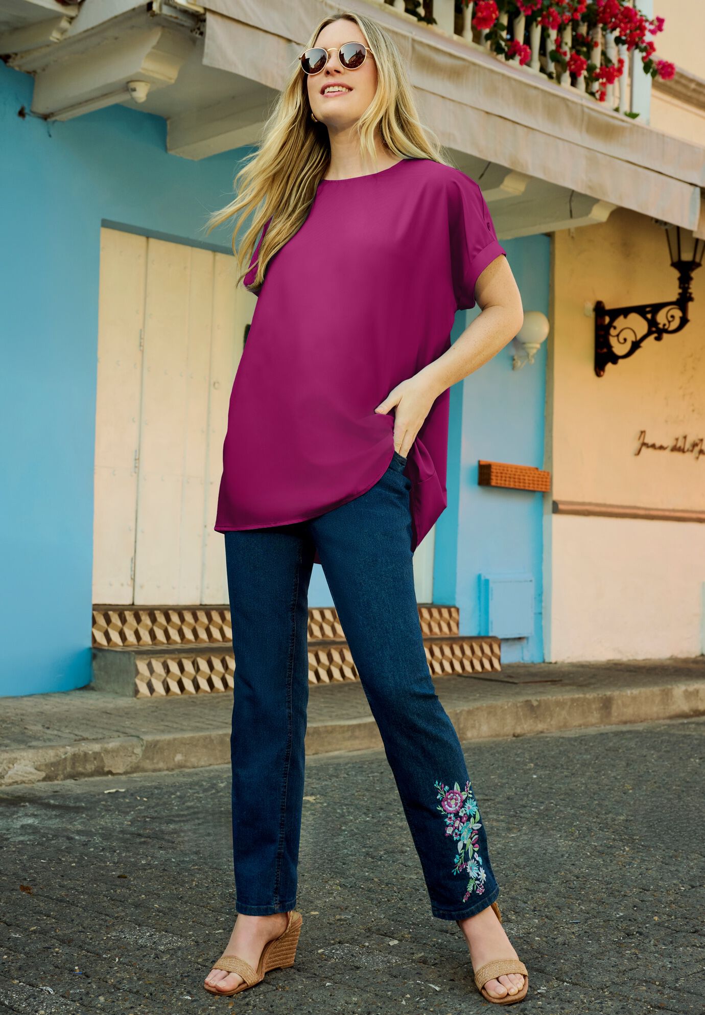 Short Sleeve Dolman Button Tee, RASPBERRY, hi-res image number 0