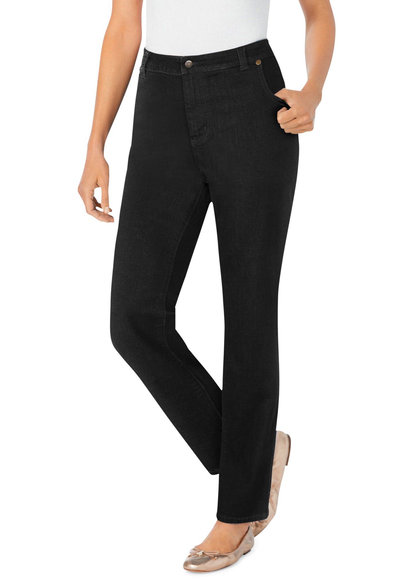 Stretch Denim 5-Pocket Straight-Leg Jeans, BLACK DENIM, hi-res image number 0
