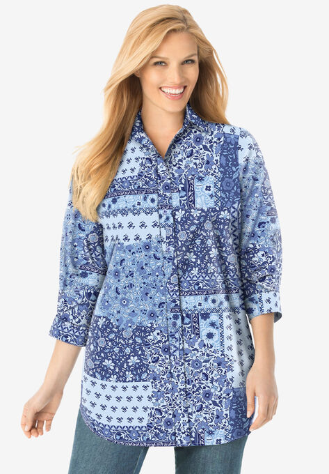 Perfect Printed Three-Quarter Sleeve Shirt, FRENCH BLUE PATCHED PAISLEY, hi-res image number null