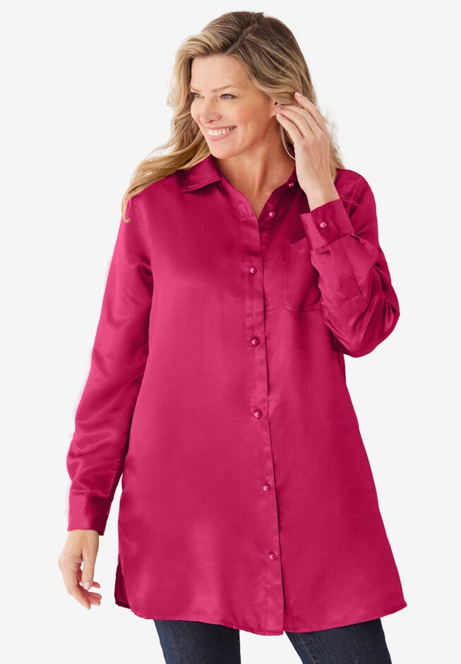 Snap Button Tunic Satin Button-Down Tunic with Side Slits, 4429204 | Woman Within