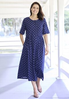 Button-Front Elbow-Sleeve Knit Dress