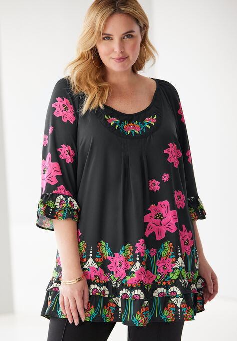Ruffle Three Quarter Sleeve Tunic, BLACK MULTI FLOWER EMBROIDERY, hi-res image number null