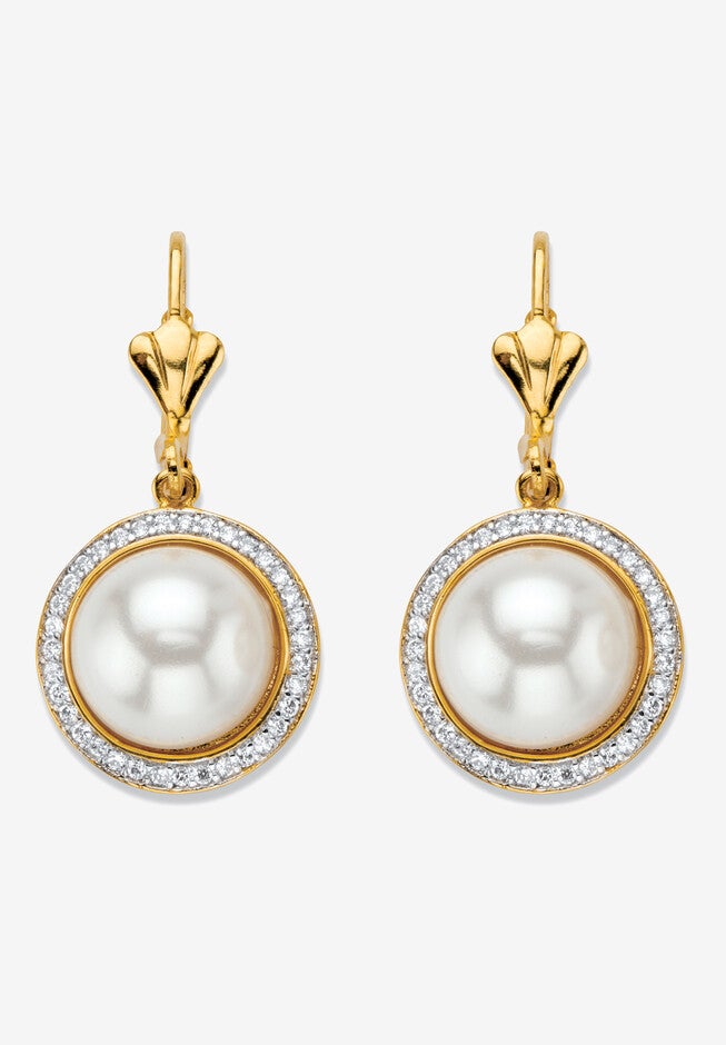 Gold-Plated Simulated Pearl and Cubic Zirconia Halo Drop Earrings, GOLD, hi-res image number 0