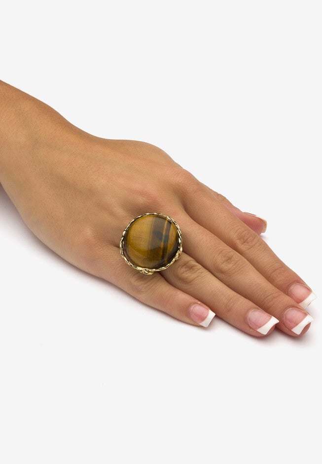 Yellow Gold-Plated Genuine Brown Tiger'S Eye Pillow Ring, , alternate image number 2