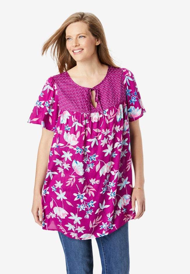 Mix Print Flutter Sleeve Top, RICH MAGENTA PRETTY BLOOM, hi-res image number 0