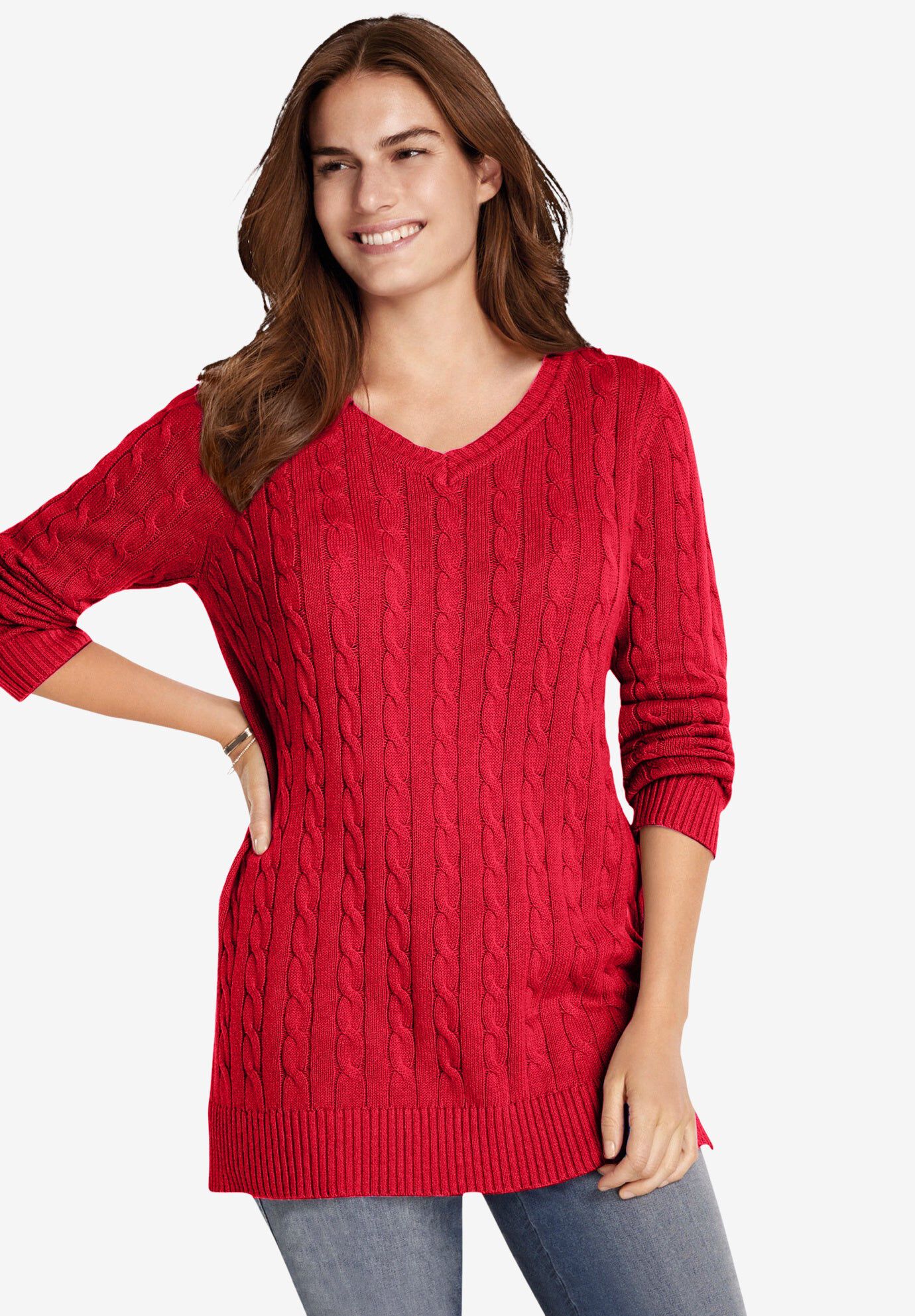 Cable Knit V-Neck Pullover Sweater, VIVID RED, hi-res image number 0