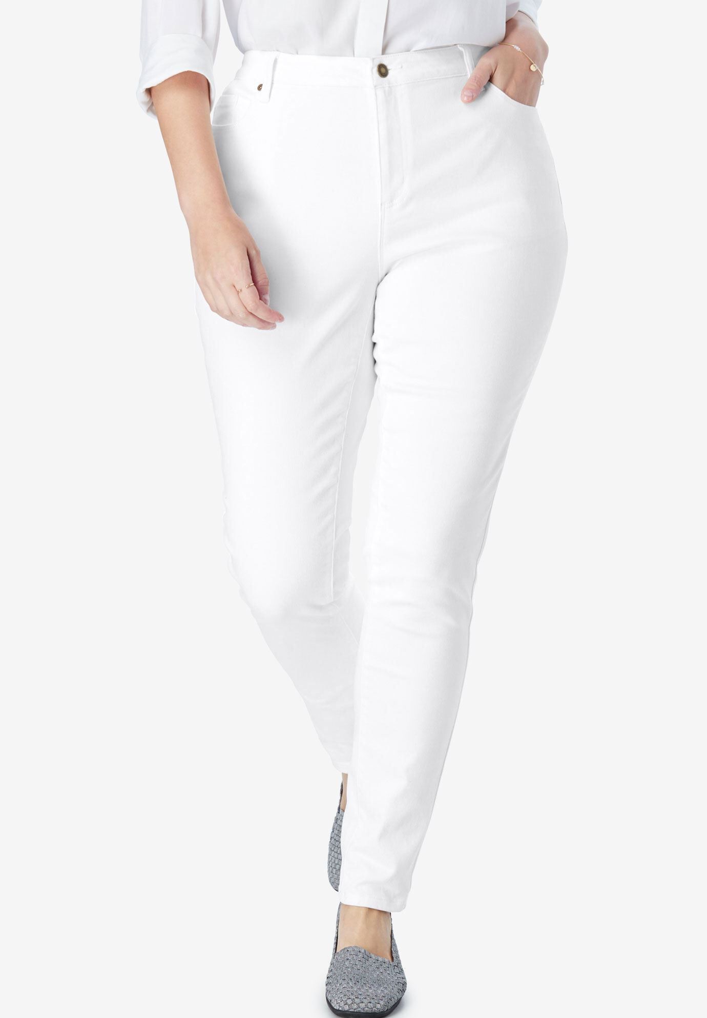 Slim-Leg Stretch Comfort Denim Five-Pocket Jeans, WHITE, hi-res image number 0