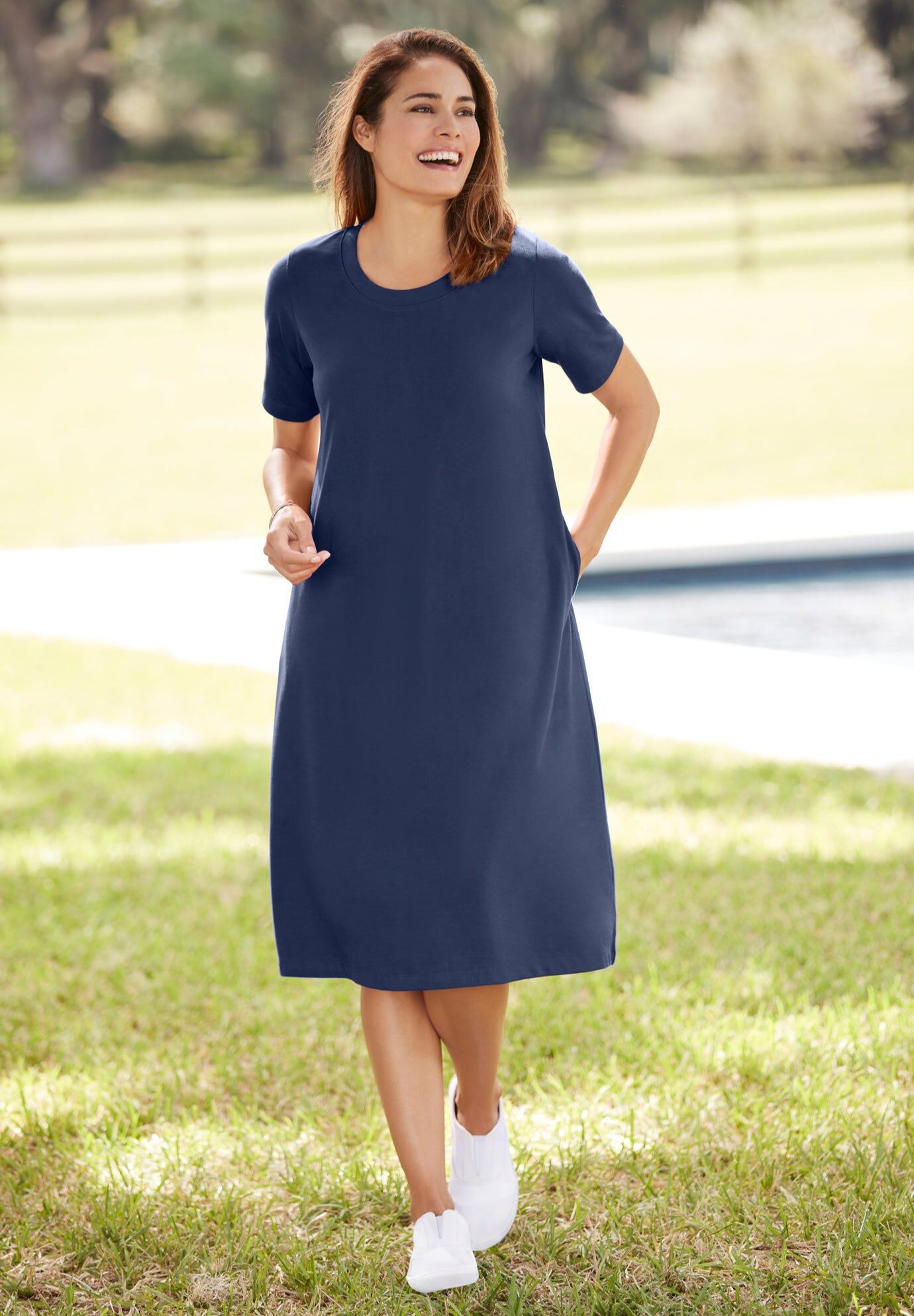 Perfect Short-Sleeve Crewneck Tee Dress, Navy | Woman Within