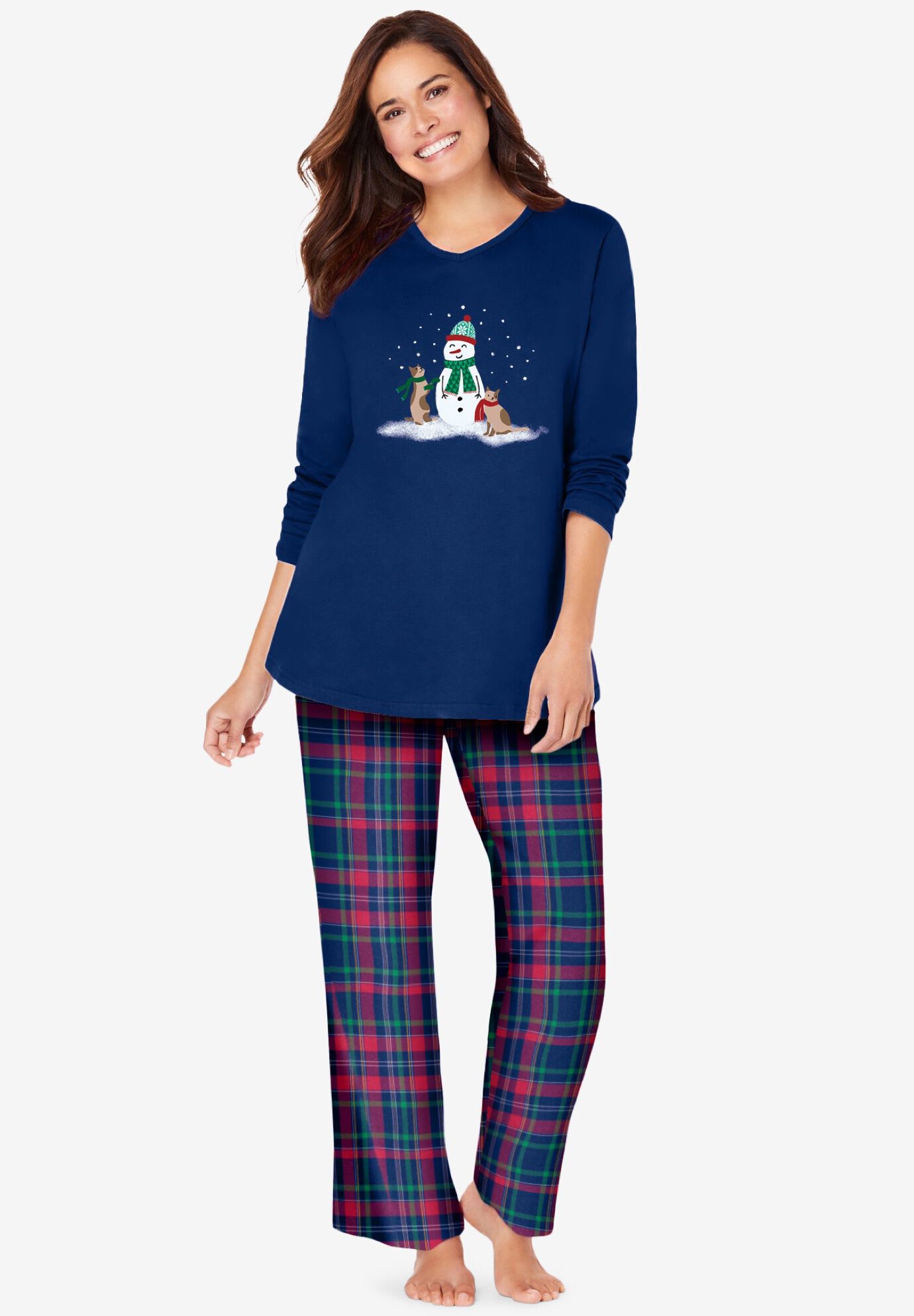 Bright Print Pajama Set Cozy Sleepwear Evening Blue Snowman