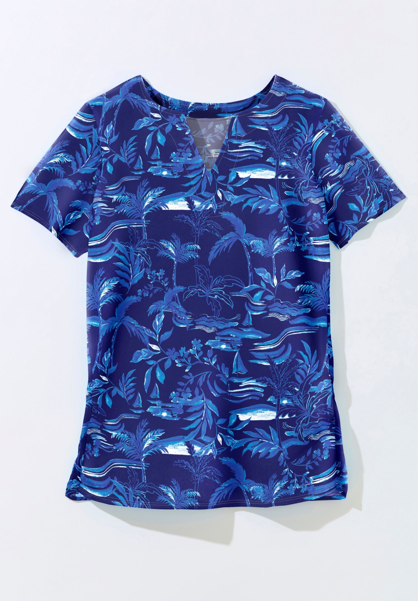 Split-Neck Short-Sleeve Swim Tee with Built-In Bra, BLUE BEACH TOILE, alternate image number 2