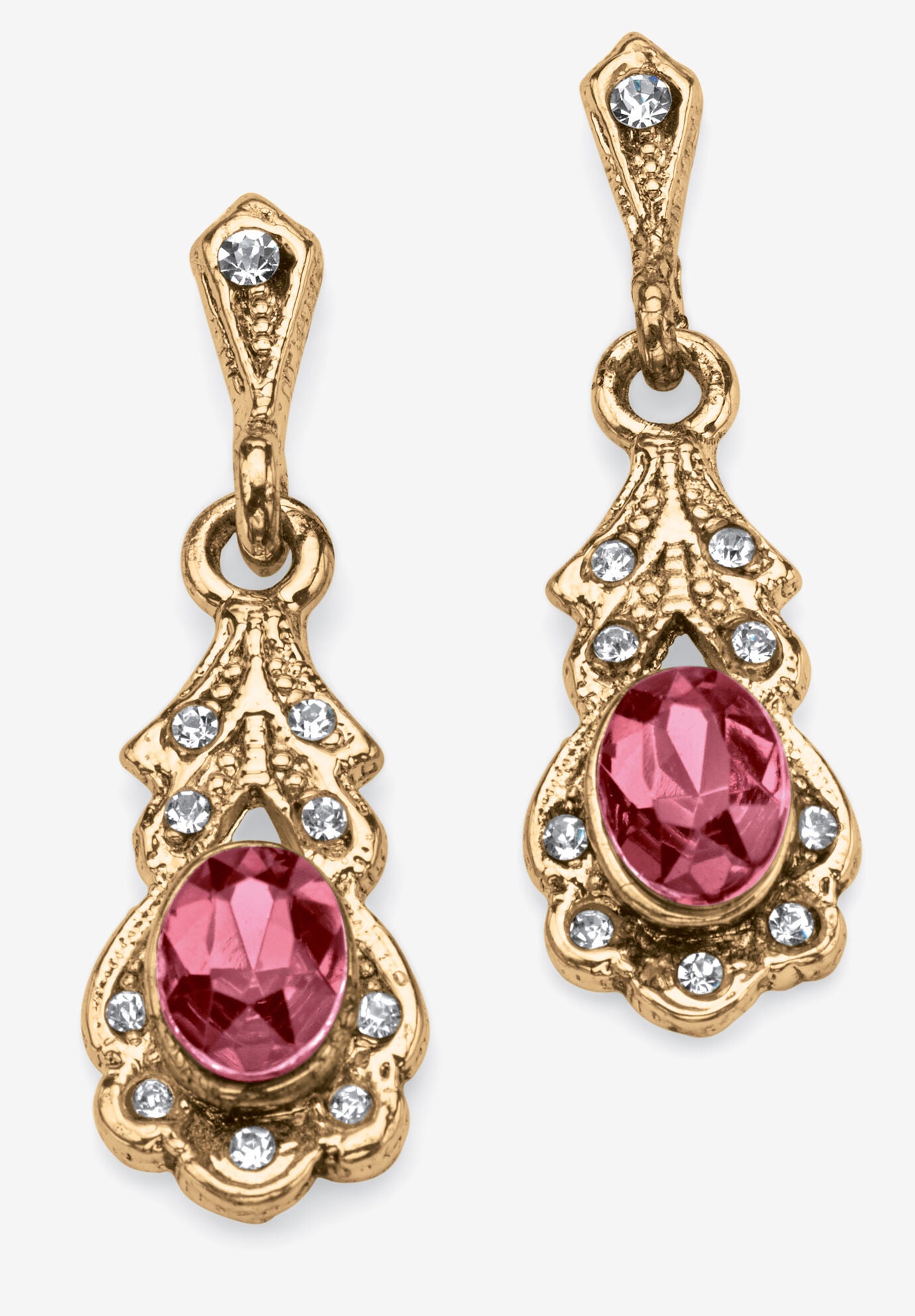 Gold Tone Antiqued Oval Cut Simulated Birthstone Vintage Style Drop Earrings, OCTOBER, hi-res image number 0