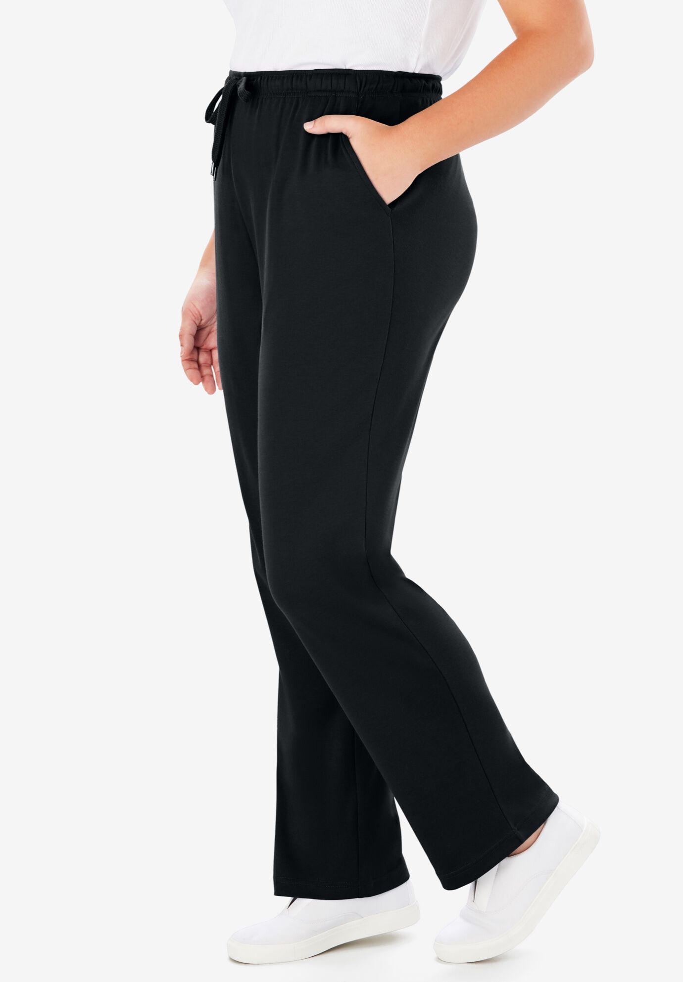 Straight Leg Sport Knit Pants - Elastic Waist, Black | Woman