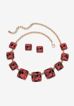 Gold Tone Necklace and Earring Set, Princess Cut Simulated Birthstones