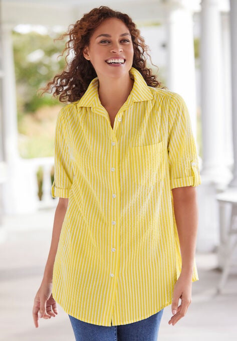 Short Sleeve Button Down Seersucker Shirt, , alternate image number null