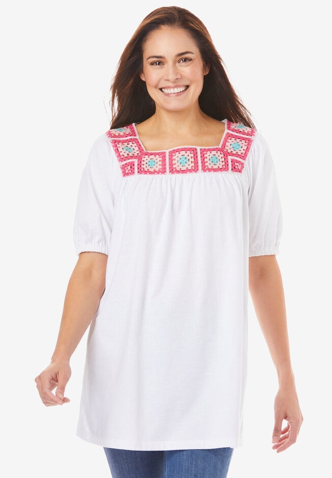 Square Neck Crochet Tunic, WHITE, hi-res image number null