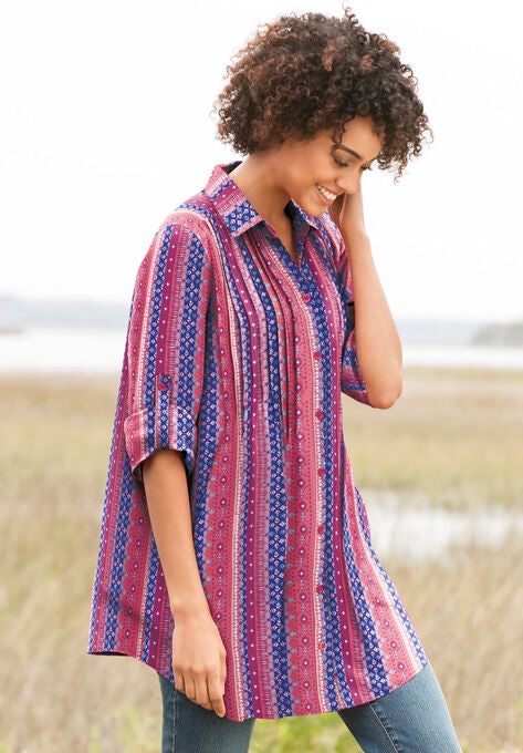 Pintucked Print Tunic Shirt, , alternate image number null
