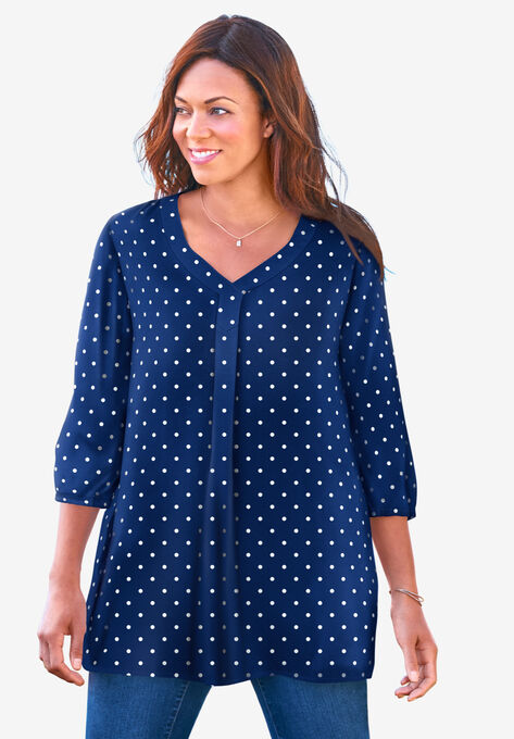 Pleat-Front Tunic With Three-Quarter Sleeves, NAVY DOT, hi-res image number null