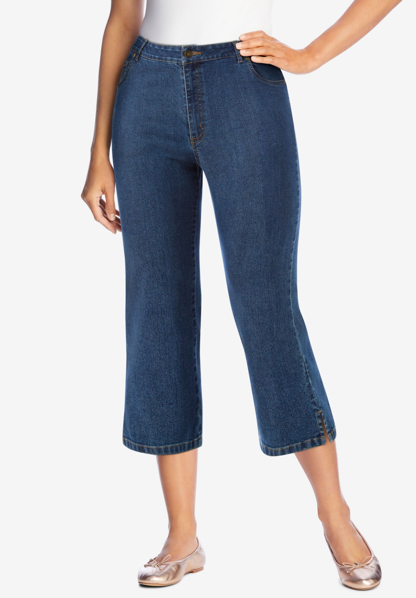 Woman within denim capris top