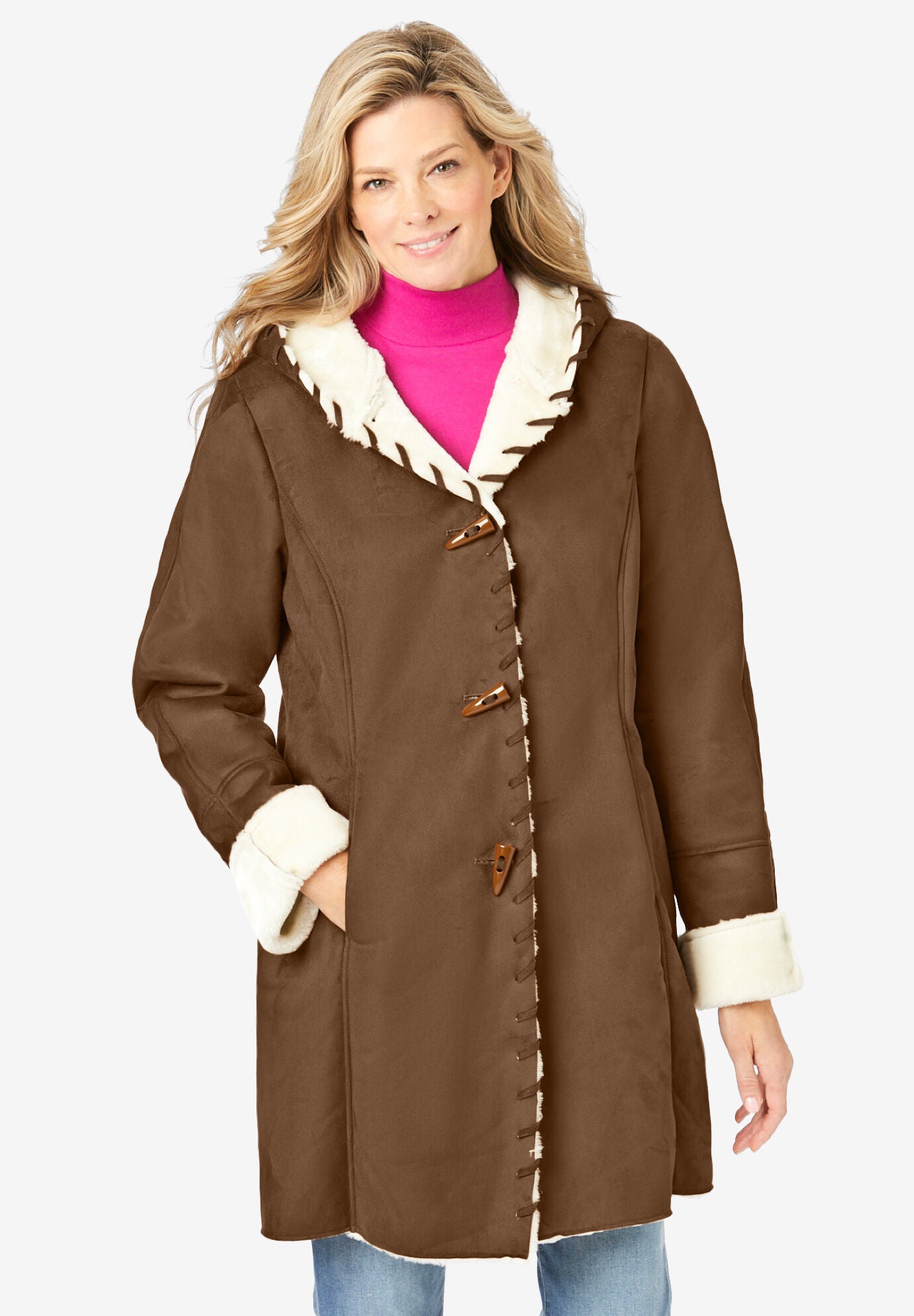 Full Length Faux Fur Coat with Hood Woman Within
