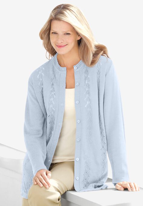 Long-Sleeve Pointelle Cardigan, PEARL GREY, hi-res image number null