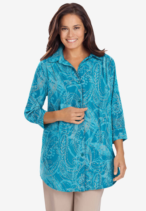 Cuffed Sleeve Peachskin Button Down Shirt, WATERFALL PAISLEY, hi-res image number null
