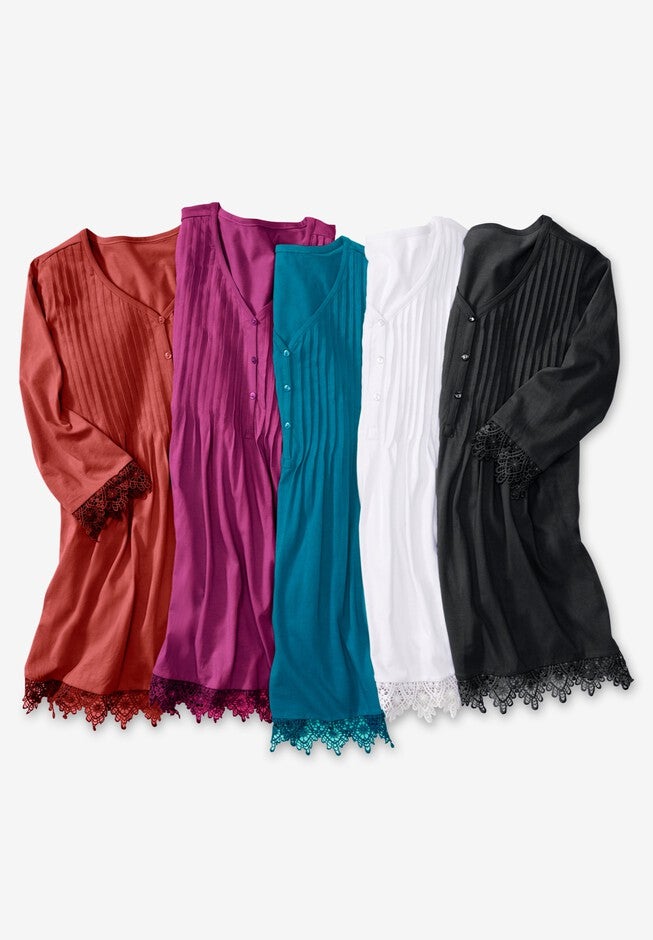 Pintuck Henley Crochet Trim Tunic, , alternate image number null