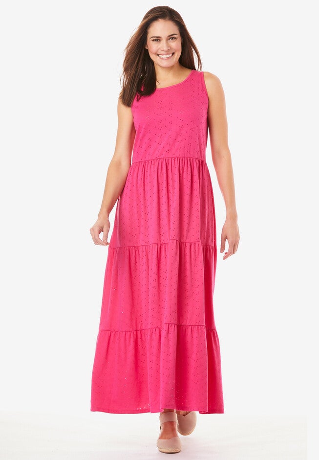 Tiered Eyelet Sleeveless Dress, RASPBERRY SORBET, hi-res image number 0