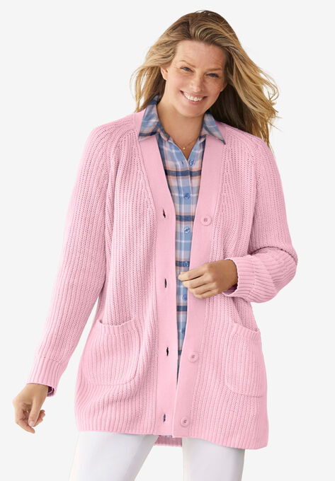 Long-Sleeve Shaker Cardigan Sweater, PINK, hi-res image number null