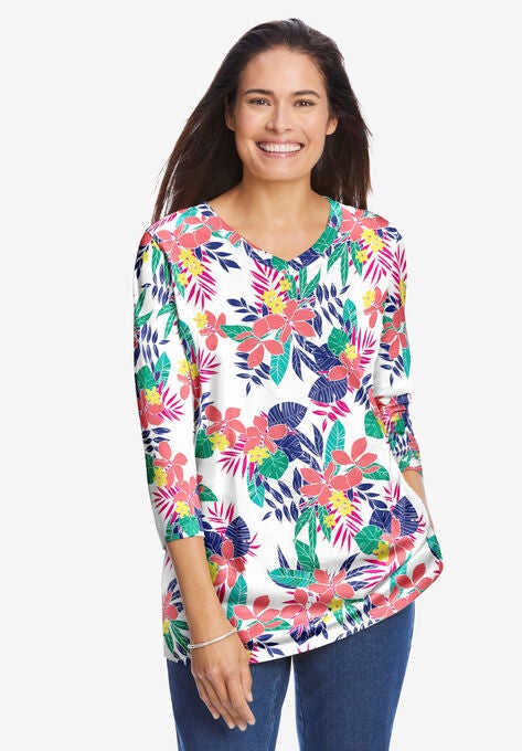 Perfect Printed Three-Quarter Sleeve V-Neck Tee, , alternate image number null