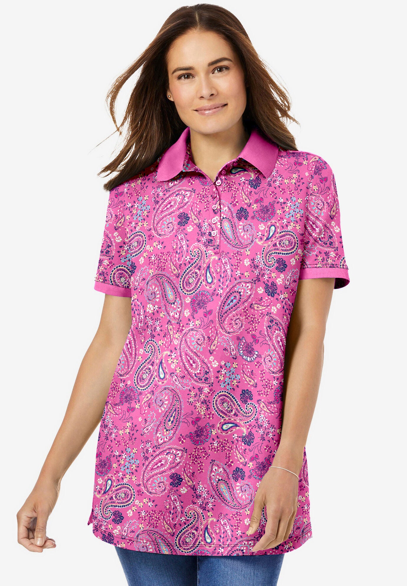Woman Within Women s Plus Size Perfect Printed Short Sleeve Polo Shirt 5X Bright Cobalt Multi Pretty Tropicana