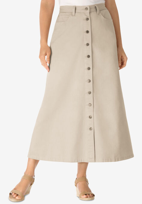 Button Front Long Denim Skirt, , alternate image number null