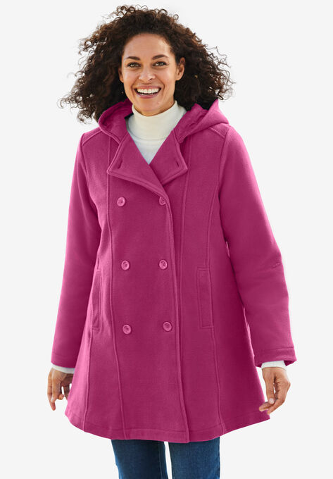 Double-Breasted Hooded Fleece Peacoat, RASPBERRY, hi-res image number null
