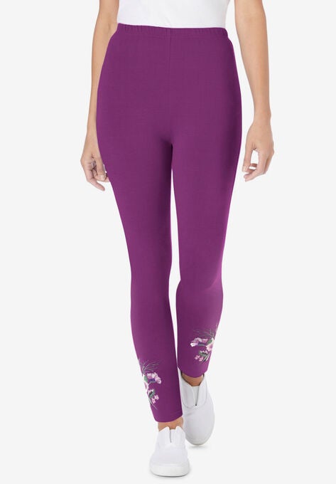 Stretch Cotton Knit Embroidered Legging, PLUM PURPLE FLORAL PLACEMENT EMBROIDERY, hi-res image number null