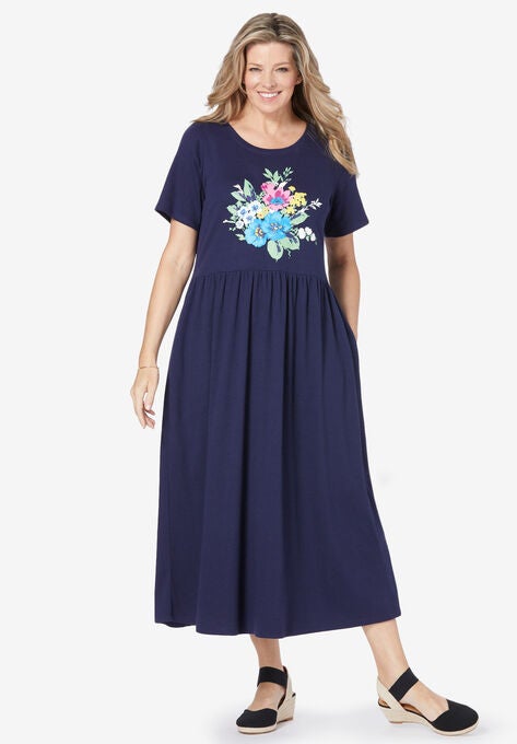 Short-Sleeve Scoopneck Empire Waist Dress, NAVY SPRING BOUQUET, hi-res image number null