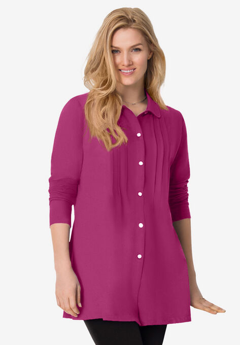 Pintucked Button-Front Tunic, RASPBERRY, hi-res image number null