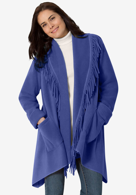 Fringed Shawl Collar Fleece Jacket, ULTRA BLUE, hi-res image number null